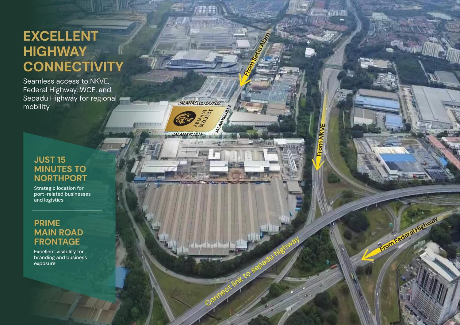 Aerial map showing highway connectivity to Armani Bizcore